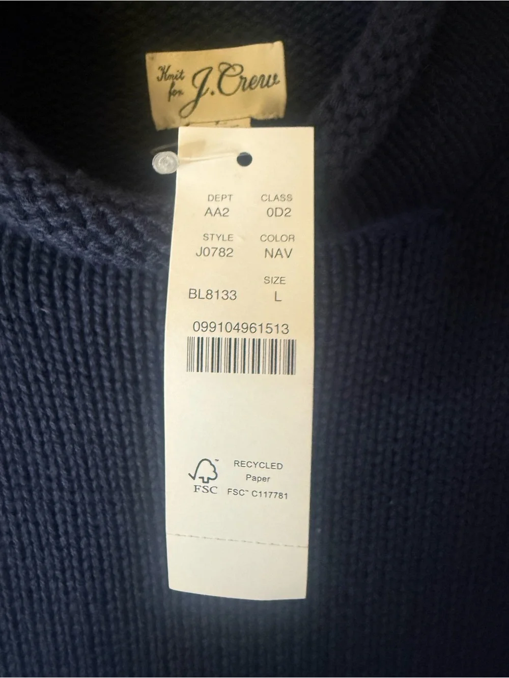 NWT J.Crew navy blue cotton sweater Size L